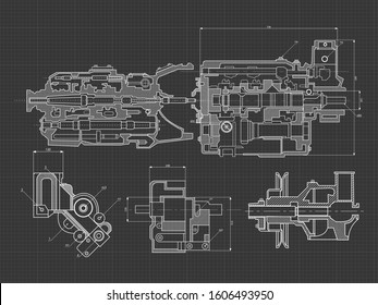 Technical blue background with drawings of details and mechanisms.Engine line drawing background. Vector illustration