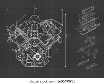 Technical blue background with drawings of details and mechanisms.Engine line drawing background. Vector illustration