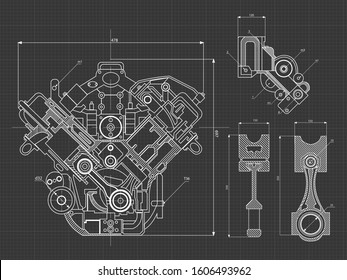 Technical blue background with drawings of details and mechanisms.Engine line drawing background. Vector illustration