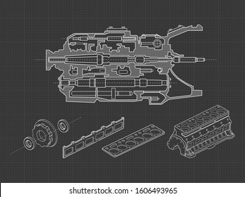 Technical blue background with drawings of details and mechanisms.Engine line drawing background. Vector illustration