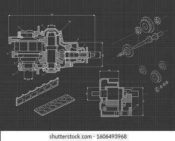 Technical blue background with drawings of details and mechanisms.Engine line drawing background. Vector illustration