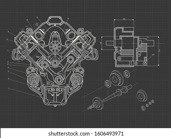 Technical blue background with drawings of details and mechanisms.Engine line drawing background. Vector illustration