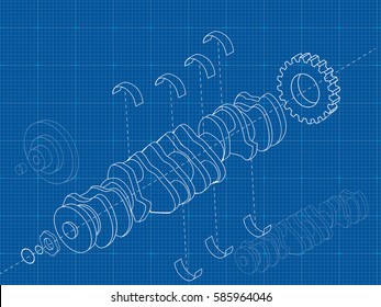 Technical blue background with drawings of details and mechanisms.Engine line drawing background. Vector illustration