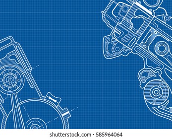 Technical blue background with drawings of details and mechanisms.Engine line drawing background. Vector illustration