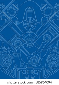 Technical blue background with drawings of details and mechanisms.Engine line drawing background. Vector illustration