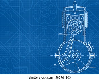 Technical Blue Background With Drawings Of Details And Mechanisms.Engine Line Drawing Background. Vector Illustration