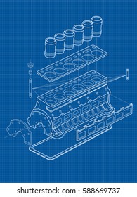 Technical blue background with drawings of details and mechanisms.Engine line drawing background. Vector illustration