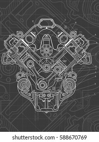 Technical blue background with drawings of details and mechanisms.Engine line drawing background. Vector illustration