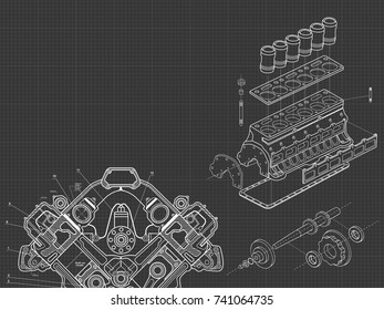 Technical blue background with drawings of details and mechanisms.Engine line drawing background. Vector illustration