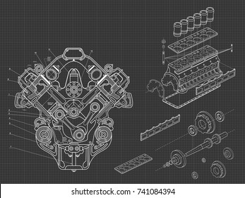 Technical blue background with drawings of details and mechanisms.Engine line drawing background. Vector illustration