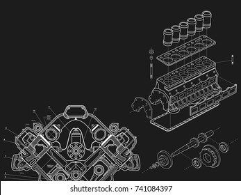 Technical blue background with drawings of details and mechanisms.Engine line drawing background. Vector illustration