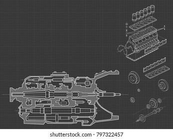 Technical blue background with drawings of details and mechanisms.Engine line drawing background. Vector illustration