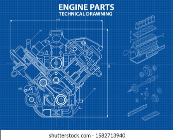 Technical blue background with drawings of engine details and mechanisms.Engine line drawing background. Engine Vector illustration 