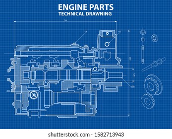 Technical blue background with drawings of engine details and mechanisms.Engine line drawing background. Engine Vector illustration 