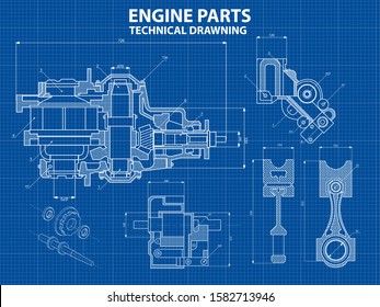 Technical blue background with drawings of engine details and mechanisms.Engine line drawing background. Engine Vector illustration 