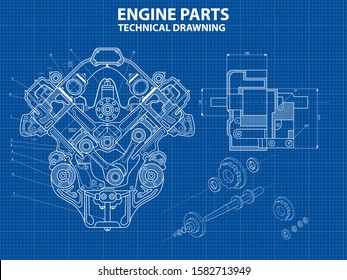 Technical blue background with drawings of engine details and mechanisms.Engine line drawing background. Engine Vector illustration 