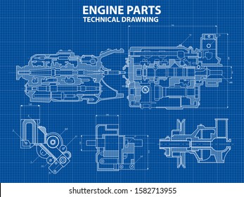 Technical blue background with drawings of engine details and mechanisms.Engine line drawing background. Engine Vector illustration 