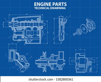 Technical blue background with drawings of engine details and mechanisms.Engine line drawing background. Engine Vector illustration 