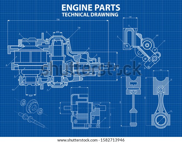 Technical Blue Background Drawings Engine Details Stock Vector (Royalty ...