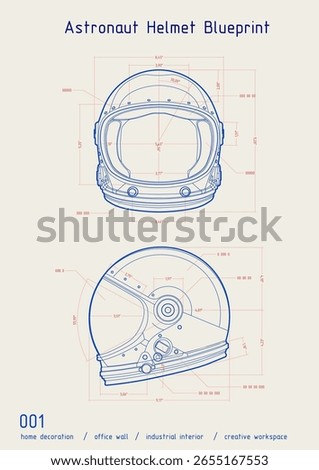 Technical blueprint of an astronaut helmet in front and side views, with precise measurements in red and blue. Minimalist layout for modern or industrial interiors.