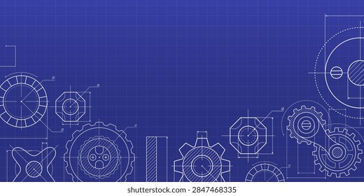 Technical blueprint background with mechanical pattern on dark blue. Vector illustration of industrial design sketch with precision machinery parts, engineering details, tech presentation design
