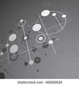 Technical blueprint, black and white vector digital background with geometric design elements, circles. 3d illustration of engineering system, perspective abstract technological backdrop.