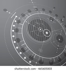 Diseño técnico, fondo digital vectorial negro y blanco con elementos de diseño geométrico, círculos. Ilustración 3d del sistema de ingeniería, perspectiva abstracta de fondo tecnológico.