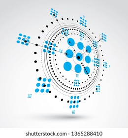 Technical blueprint, blue vector digital background with geometric design elements, circles. 3d illustration of engineering system, perspective abstract technological backdrop.