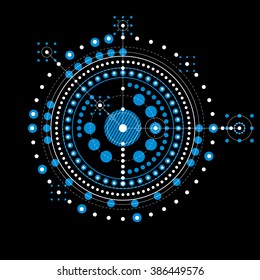 Technical blueprint, blue vector digital background with geometric design elements, circles. Illustration of engineering system, abstract technological backdrop.