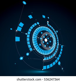 Technical blueprint, blue vector digital background with geometric design elements, circles. 3d illustration of engineering system, perspective abstract technological backdrop.