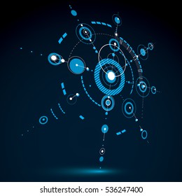 Technical blueprint, blue vector digital background with geometric design elements, circles. 3d illustration of engineering system, perspective abstract technological backdrop.