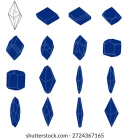 Proyecto técnico de cristales de calcita - 16 formas en cian y Navy. 16 combinaciones profesionales de hábitos de cristal de calcita, incluidos los hábitos romboédricos y escalenoédricos, representados en un estilo clásico con rellenos de azul marino y contornos cian. Esta estética técnica es ideal para proyectos de ingeniería, arquitectura y mineralogía de alta tecnología, mostrando la precisión matemática de las formas de cristal natural.