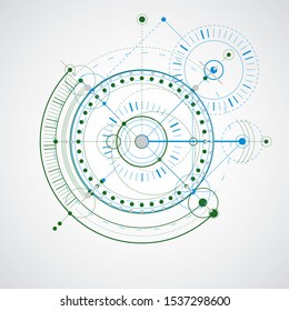 Technischer Entwurf, bunter, Vektordigitaler Hintergrund mit geometrischen Design-Elementen, Kreise. Illustration des Ingenieursystems, abstrakter technologischer Hintergrund.