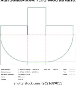 Modelo técnico de un soporte de encimera angulado troquelado que muestra las dimensiones y las medidas para la exhibición del producto y los propósitos al por menor