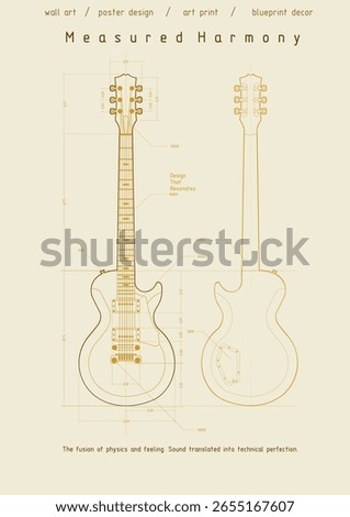 Technical blueprint of an electric guitar with front and back views. A precise and elegant tribute to sound design, perfect for music studios or modern art walls.
