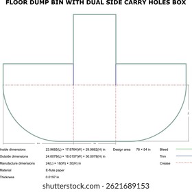 Technical blueprint of a floor dump bin packaging design displaying detailed dimensions and specifications for manufacturing.