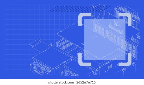 Especificações técnicas do projeto de hardware. Ilustração vetorial detalhada em estilo blueprint mostrando o layout interno de componentes de hardware de computador. Perfeito para tecnologia e engenharia.