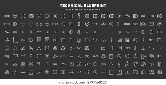 Technical Blueprint Icons and Industrial Micrographics Set. Technical blueprint icon set with industrial micrographics, tech tags, labels, engineering symbols, mechanical parts. Vector set 