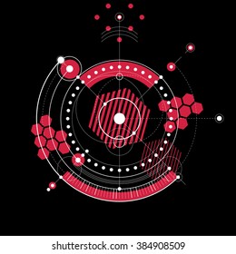 Technical blueprint, red vector digital background with geometric design elements, circles. Illustration of engineering system, abstract technological backdrop.