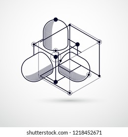 Technical blueprint, vector black and white digital background with geometric design elements, cubes. Engineering technological wallpaper made with honeycombs.
