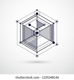 Technical blueprint, vector black and white digital background with geometric design elements, cubes. Engineering technological wallpaper made with honeycombs.