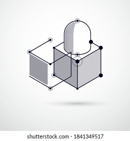 Diseño técnico, fondo digital vectorial en blanco y negro con elementos de diseño geométrico, cubos. Papel técnico de ingeniería hecho con panes de miel.