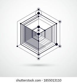 Technical blueprint, vector black and white digital background with geometric design elements, cubes. Engineering technological wallpaper made with honeycombs.