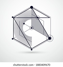 Technical blueprint, vector black and white digital background with geometric design elements, cubes. Engineering technological wallpaper made with honeycombs.