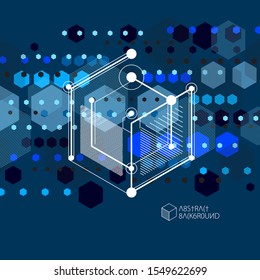Technical blueprint, vector blue black digital background with geometric design elements, cubes. Engineering technological wallpaper made with honeycombs.