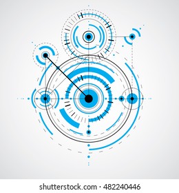 Technical blueprint, vector digital background with geometric design elements, circles. Illustration of engineering system, abstract technological backdrop.