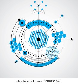 Technical blueprint, vector digital background with geometric design elements, circles. Illustration of engineering system, blue abstract technological backdrop.