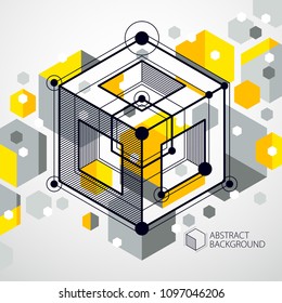 Technical blueprint, vector yellow digital background with geometric design elements, cubes. Engineering technological wallpaper made with honeycombs.