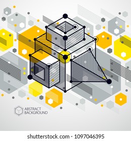 Technical blueprint, vector yellow digital background with geometric design elements, cubes. Engineering technological wallpaper made with honeycombs.