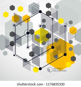 Technical blueprint, vector yellow digital background with geometric design elements, cubes. Engineering technological wallpaper made with honeycombs.